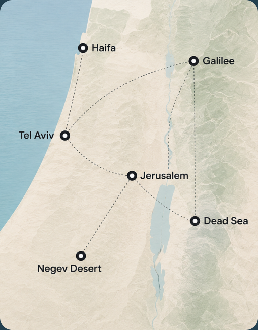 Map of Israel showing Haifa, the Galilee, Tel Aviv, Jerusalem, the Dead Sea and the Negev Desert
