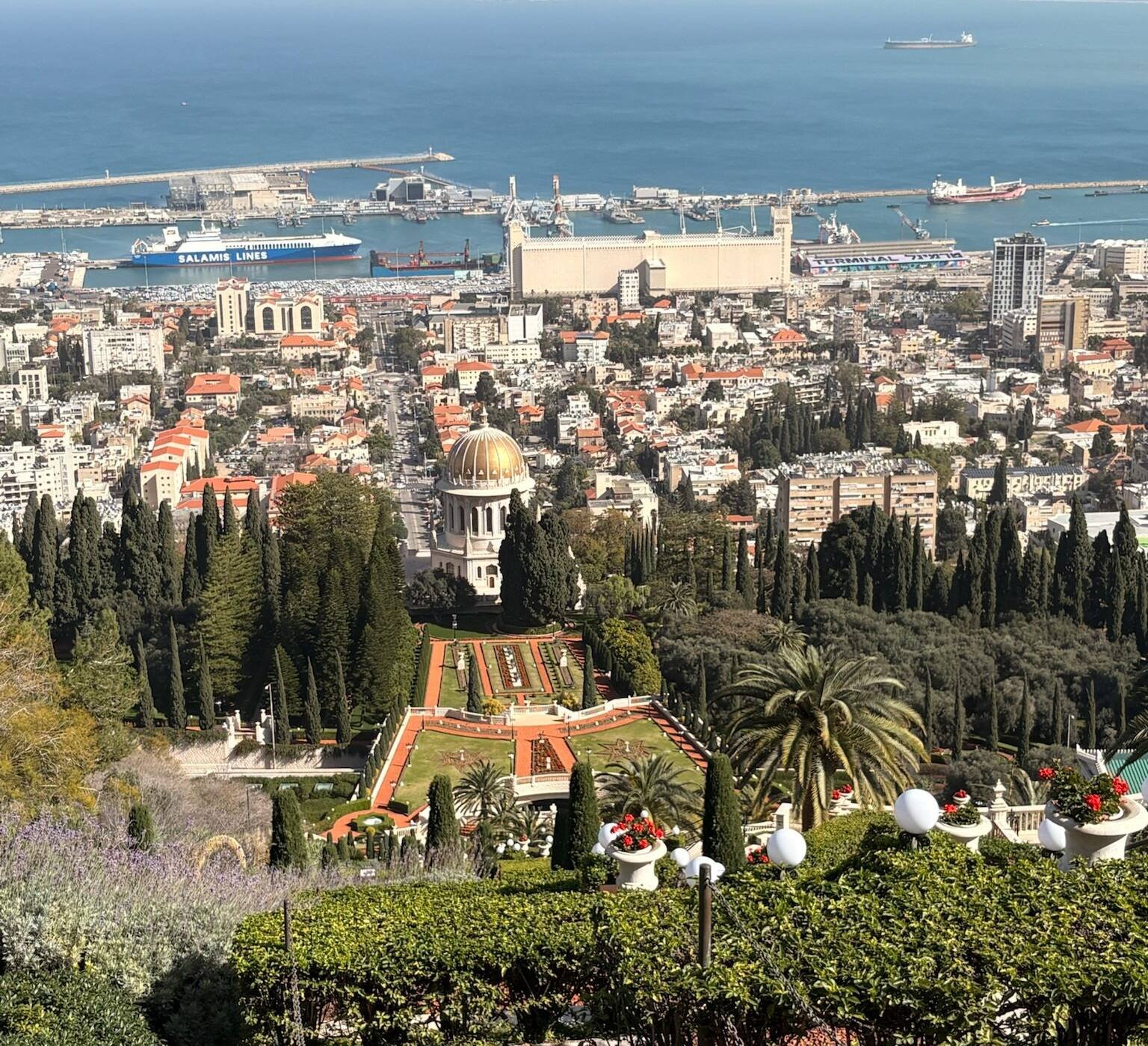 The Bahá’í Gardens above Haifa, looking out over the bay