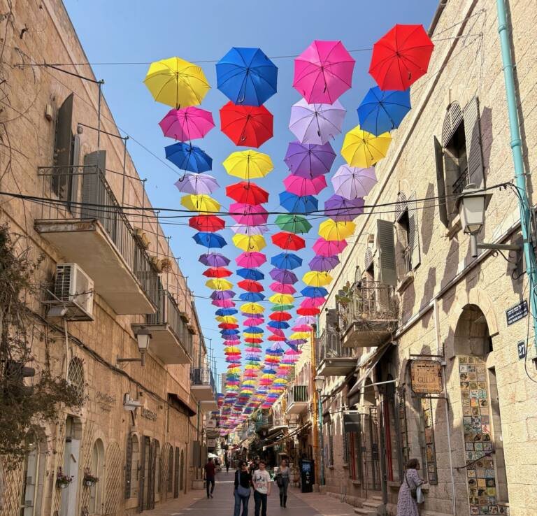 The umbrella-covered lane at Nahalat Shiva, Jerusalem