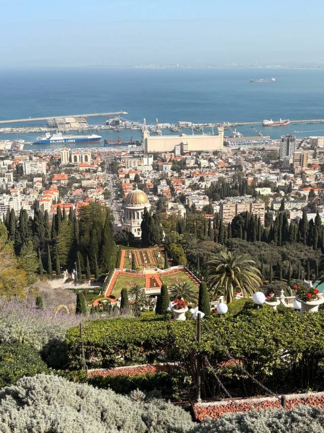 The Bahá’í Gardens above Haifa and the bay
